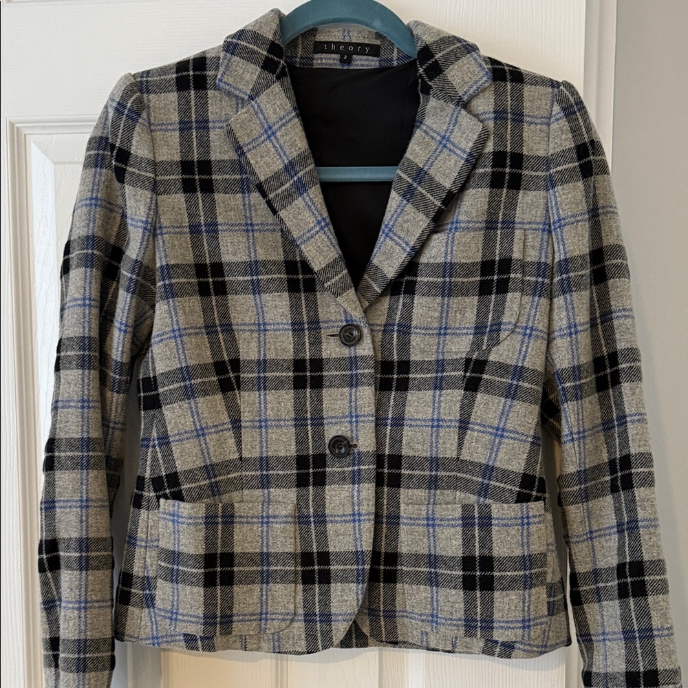 Theory Women's Checkered Blazer - Black, Gray, and Blue